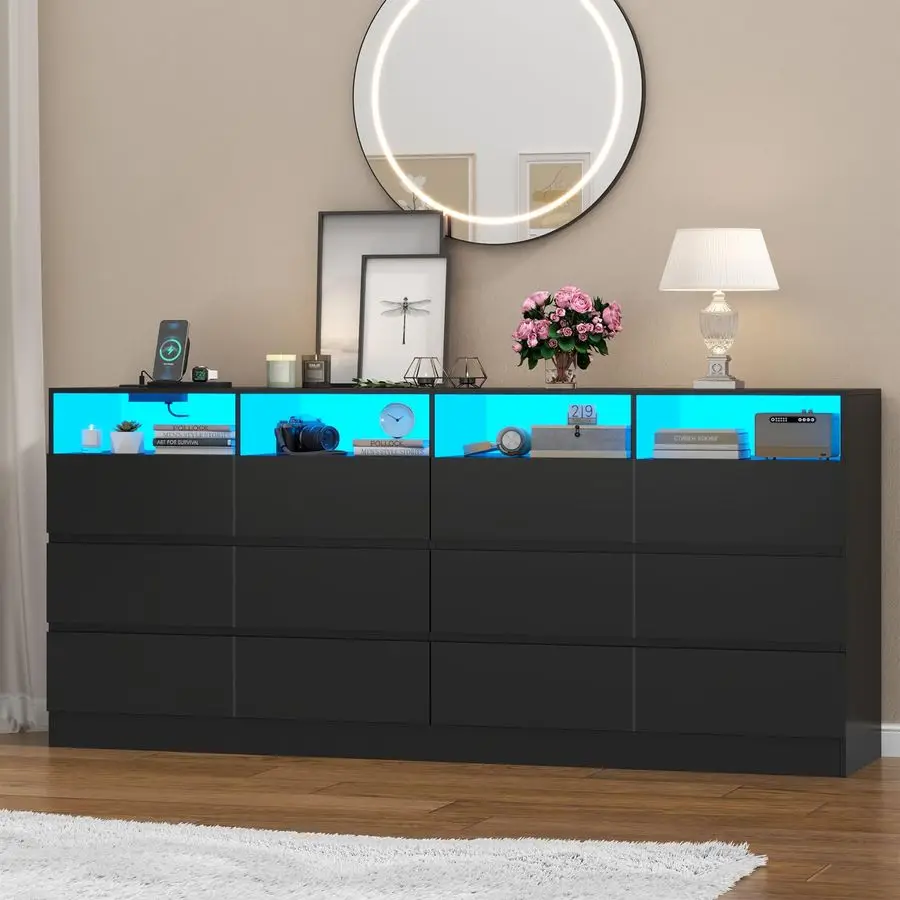 Commode noire à tiroirs divisés à 12 cellules, avec Station de charge, lumières Led pour chambre à coucher, longue commode 63 large, meuble TV pour téléviseurs vers le haut