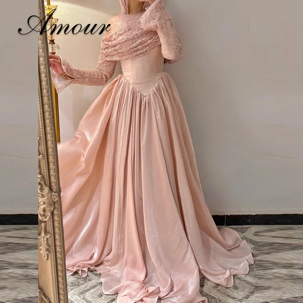 Amour Maßgeschneidertes Muslimisches Exquisites Abendkleid Plissiertes Langarm-Hochzeitskleid A-Linie Lange Kleider Klassisch Formal 2027