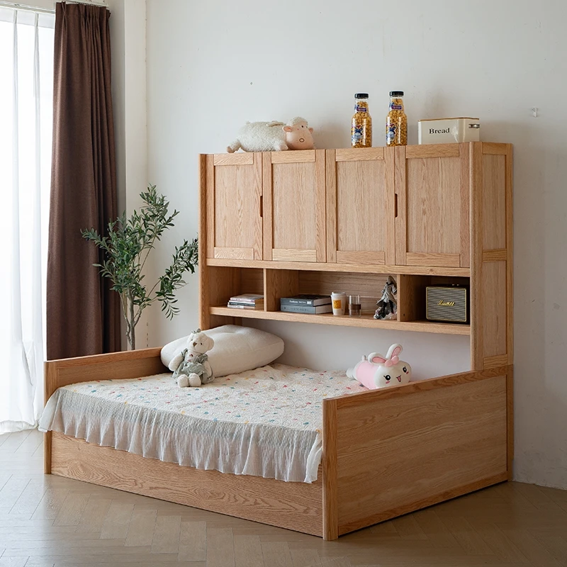 

Children's bed cabinet integrated against the wall, all solid wood single bed with storage space