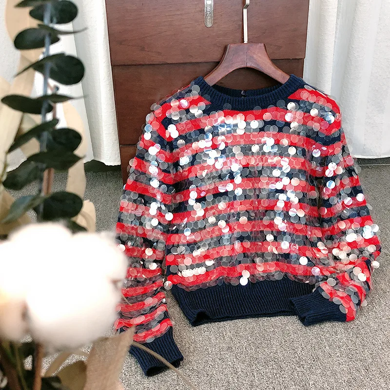 Sequined Women Sweater Lady Knit Red Striped Long Sleeve O-neck Autumn Casual Knitted Tops 2023 New Pullover Jumpers