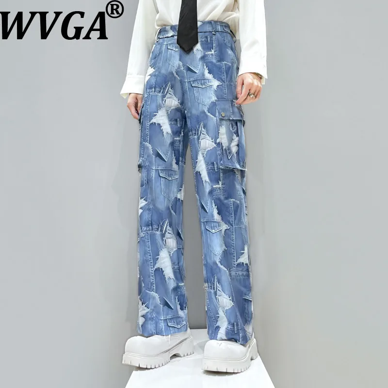 

WVGA Spring Autumn New Men Denim Pattern Printed Trendy Large Pocket Niche Chic Casual Straight Suit Pants Streetwear Ins W16801