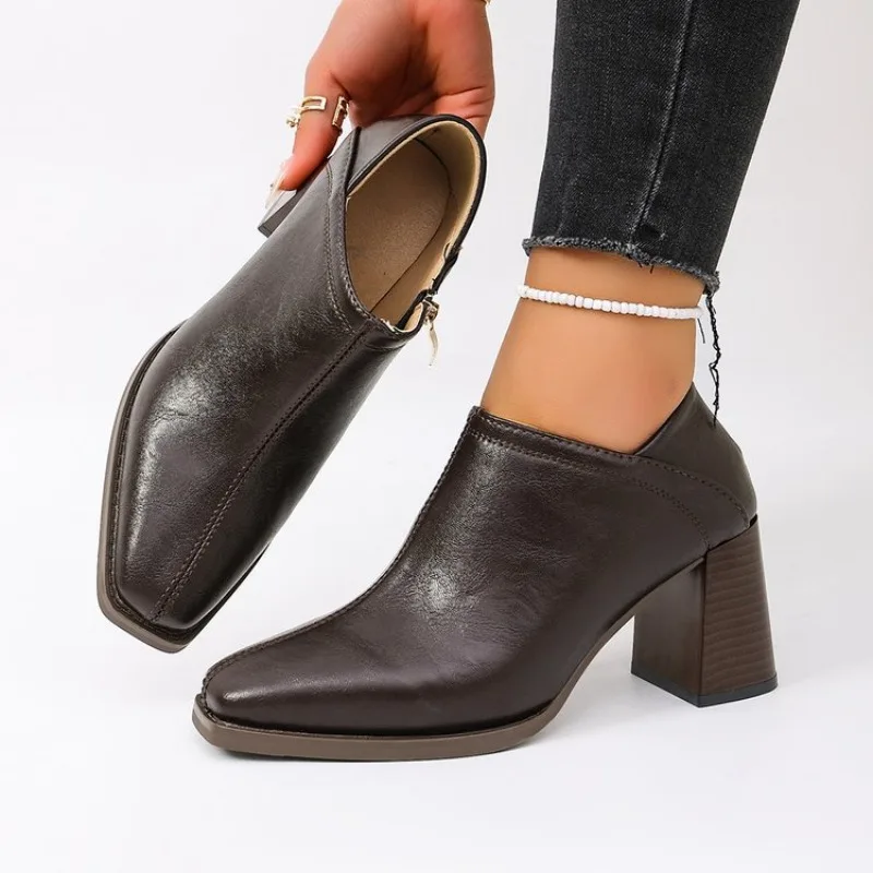 Women's Square Toe High Heels 2026 Spring and Autumn New Style Thick Heel Deep Mouth Side Zipper Women's Single Shoes