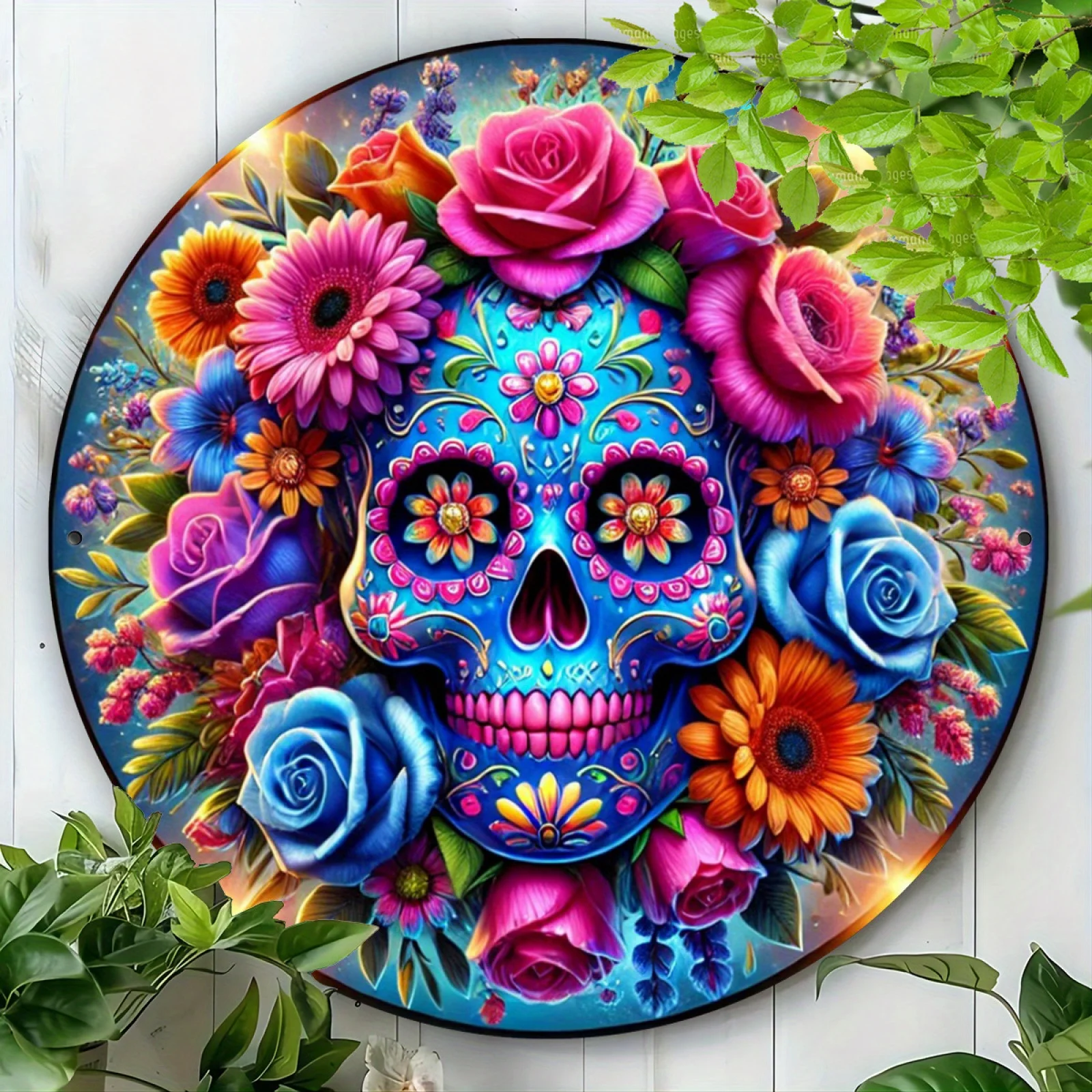 Die Retro-Nekromantie-Dekoration mit zuckerfarbenen Totenkopf- und Rosenblüten für den Tag der Toten, Wandkunst in 2D-Kreisform.