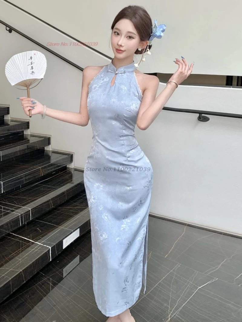 

2025 chinese sexy cheongsam sleeveless qipao traditional satin jacquard evening party dress vintage banquet nightclub dress