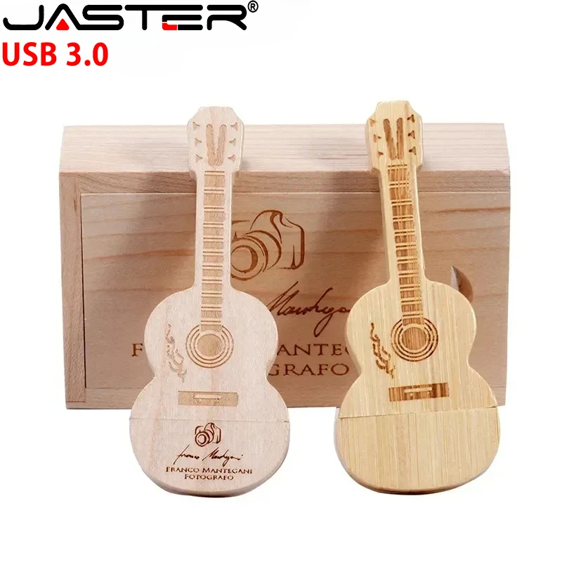 High Speed Wooden Guitar USB 3.0 Flash Drive 128GB Free Customized Logo Pen Drive Wooden Box Memory Stick Music Creative Gift