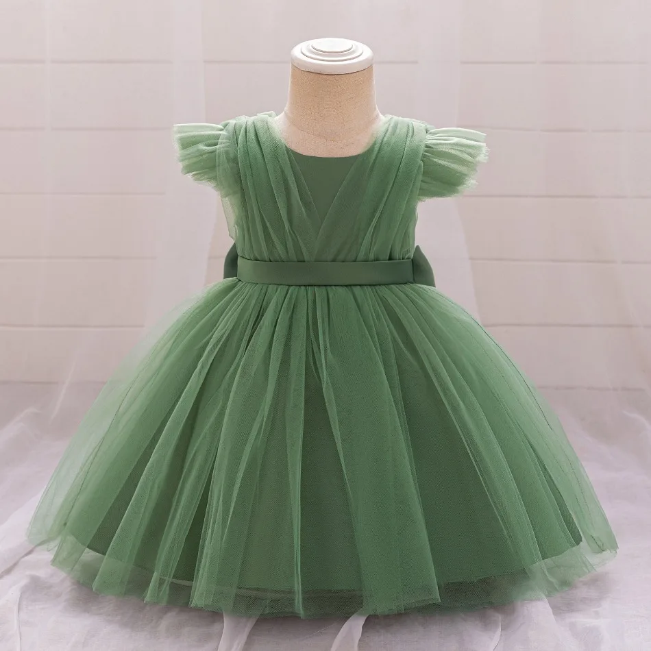 Toddler Baptism Party Baby Girl Dress Fly Sleeves Tulle 1st Birthday Princess Dresses Girls Bridesmiad Evening Prom Gown ASQ03