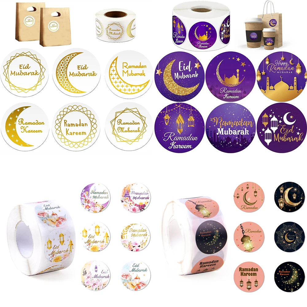 500pcs Ramadan Kareem Stickers Round Label EID Mubarak Roll Sticker Ramadan Gift Seal Sticker Self-Adhesive Gift Wrapping Seals