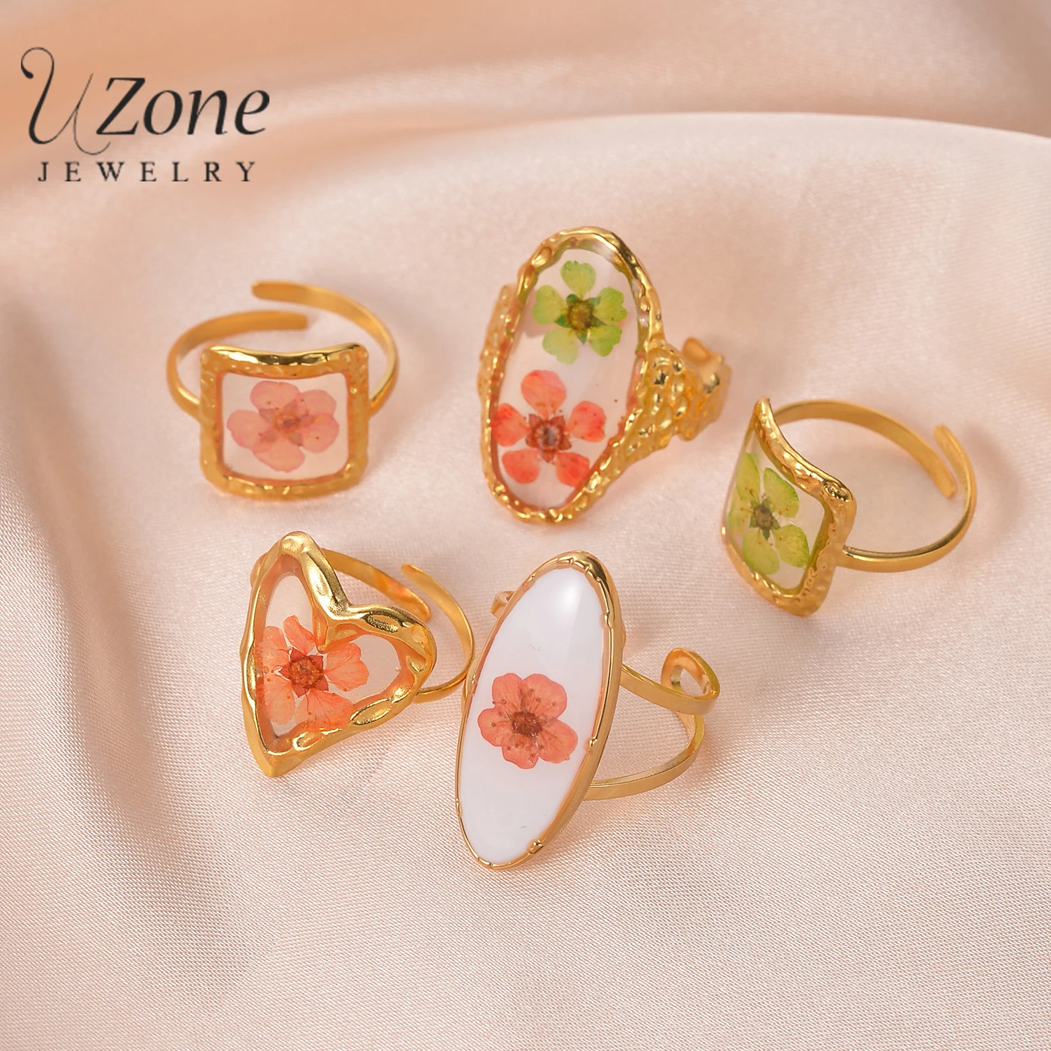 UZone Fashion Retro Eternal Flower Ring for Women Stainless Steel Exquisite Dried Flower Open Rings Anniversary Jewelry Gift