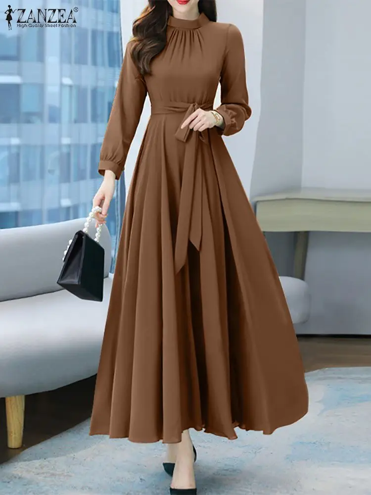 ZANZEA Women Long Sleeve A-line Sundress Spring Long Dress Autumn Solid Party Holiday Maxi Dresses Vestidos Femme Vintage Robe