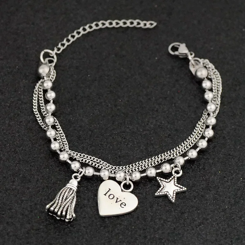 Bohe Punk Stainless Steel Multilayer Chain Bracelets For Women Fashion Charm Star Heart Tassel Pendant Bracelet Bangle Jewelry