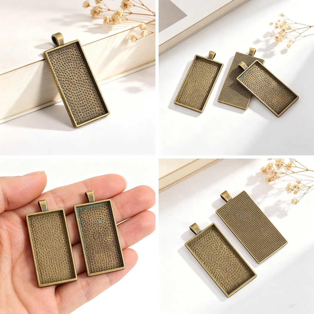 Vintage Bronze Rectangle Cabochon Setting Pendant Tray DIY Jewelry Making Pendant for Necklaces Keychains Earrings Bag Charms