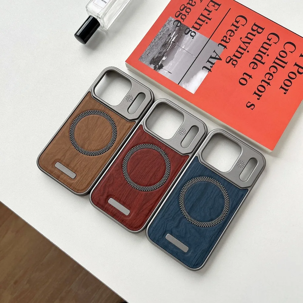 Huyangmu phone case suitable for Apple 17 16 15 14 13 12 Pro Max metal paint wood grain magnetic suction 1 leather phone case
