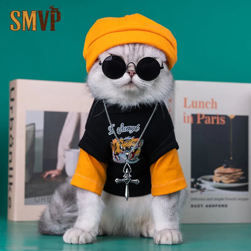 

Internet Celebrity Cat Trendy Sweatshirt Fake Two Pieces Tiger Print T-shirt Hip Hop Street Style Pet Kitten Small Dog Clothes