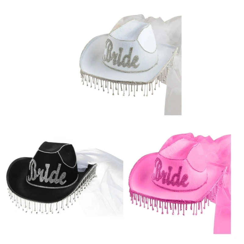 Bridal Cowboy Hat with Veil Rhinestones Fringe Bachelorette Party Wedding Cowboy Hat Decorations Bride to be Accessory