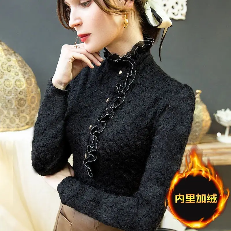 

Women's High Collar Lace Shirt Stylish Sexy Base Layer Top Inner Wear French Style Shirt Autumn Fashion Trend TT121