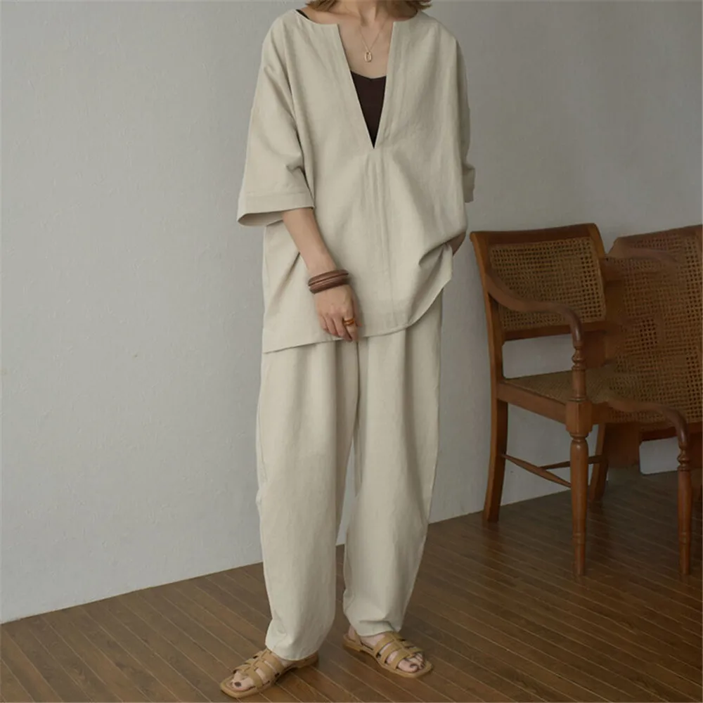 

2-color Deep V-head Casual Pants, Plain Loose Top, Women's Pants, Fashionable Pullover, Fashionable Set