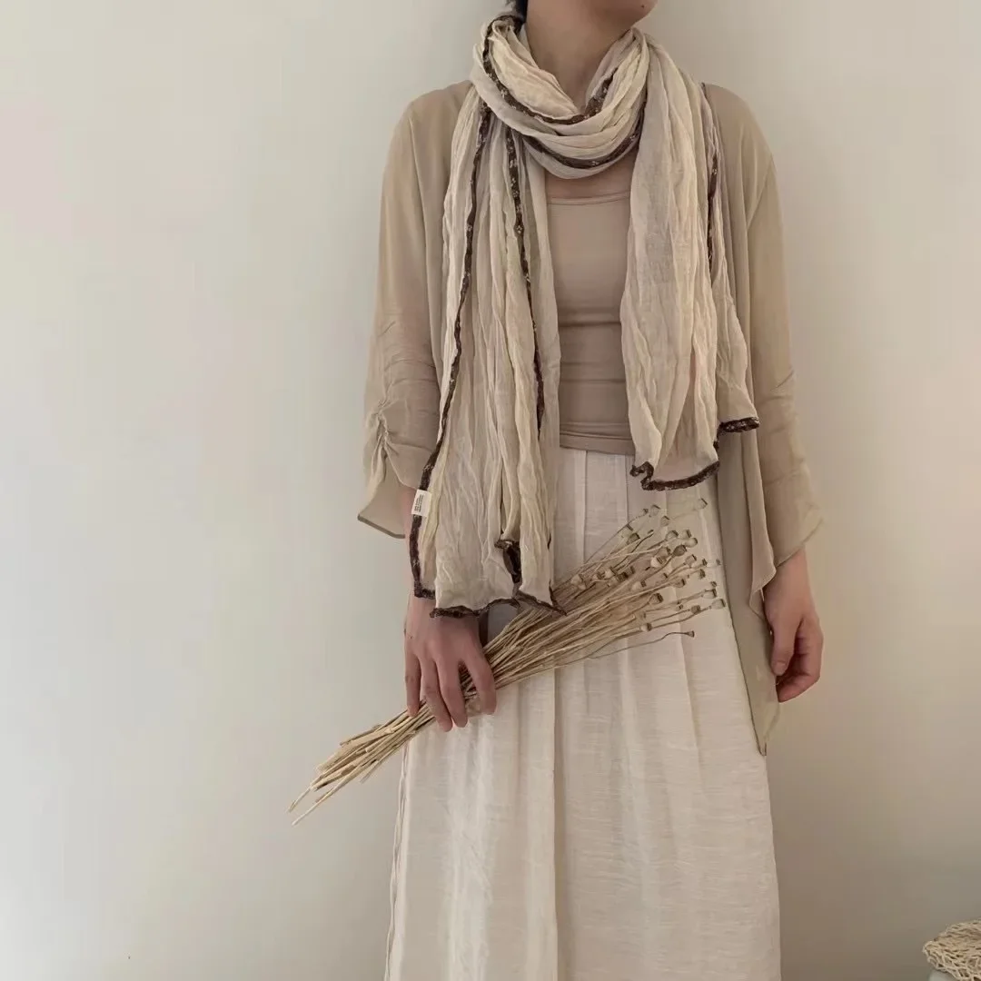 

Ретро литературный хлопковый и льняной шарф, женский плиссированный шаль с цветочной каймой, весна-лето и осень, фото для путешествий