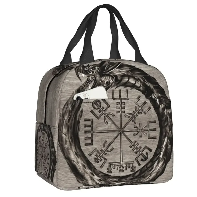 Ouroboros With Vegvisir Insulated Lunch Bag for Camping Travel Norse Dragon Viking Compass Cooler Thermal Bento Box Children