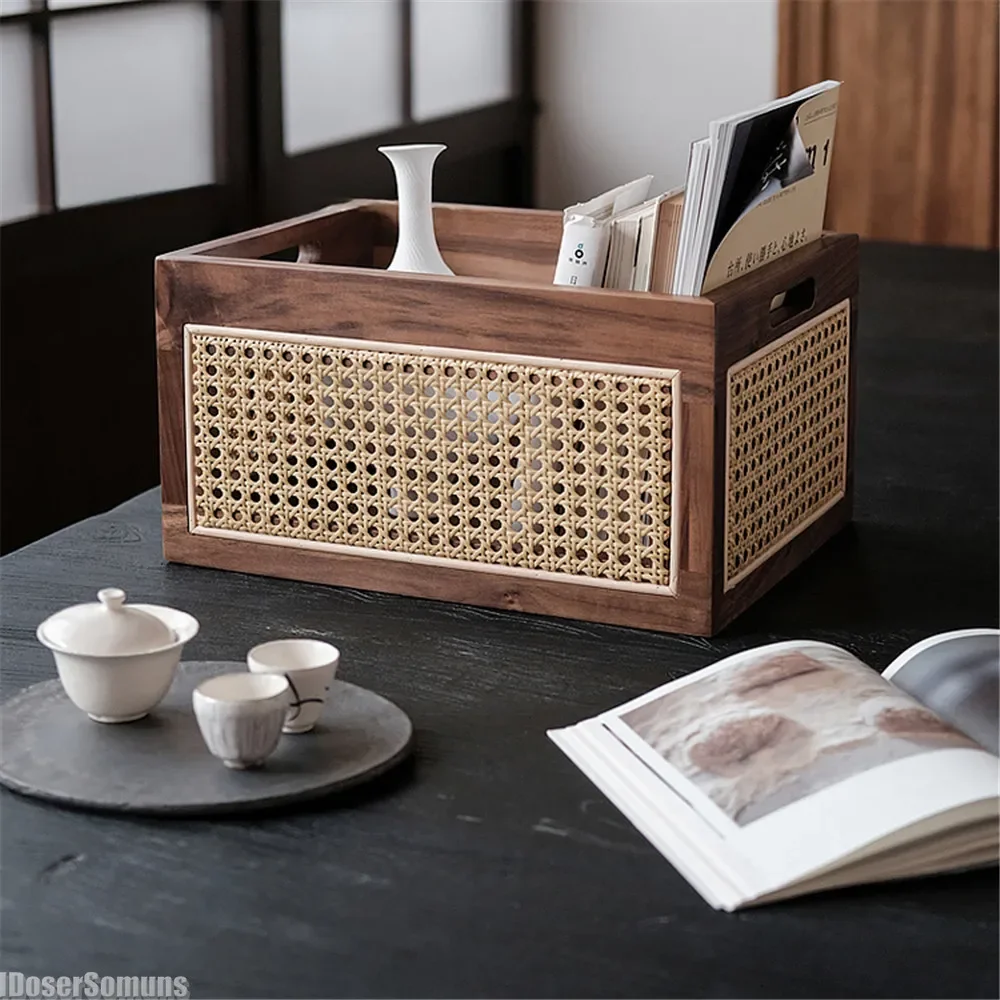 Woven Deluxe Desktop Solid Wood Storage Box Vintage Walnut Rattan Basket Books Snacks Cosmetic Flatware Organizer