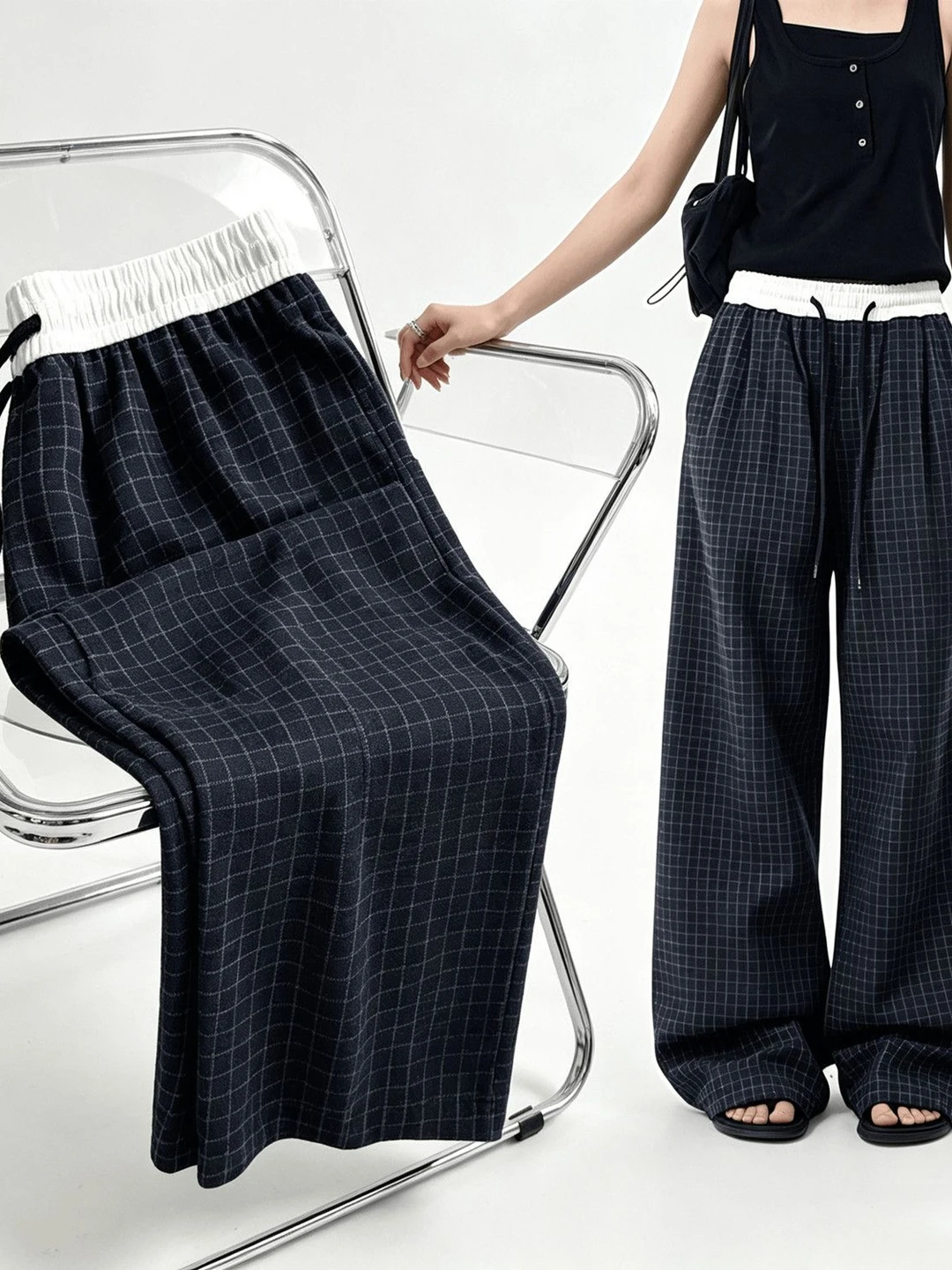 High Waist Wide Leg Pants Women's Loose Casual Plaid Patterned Extra Large Size Straight Cut Trousers Spring Autumn Korean Style