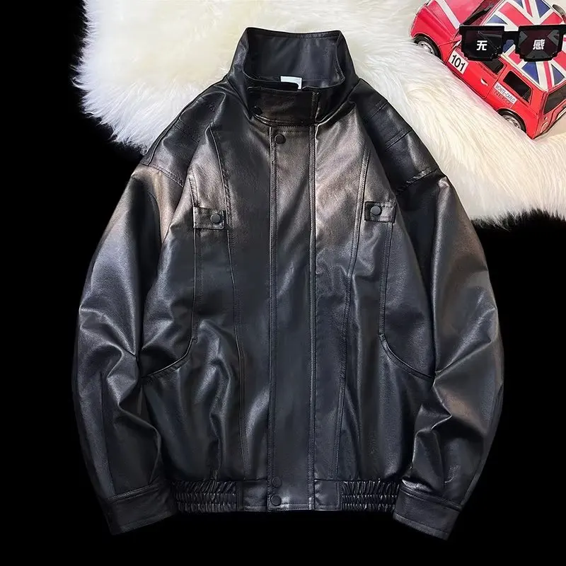 

Американские винтажные новые модные мужские черные однотонные повседневные модные свободные пальто из искусственной кожи с отложным воротником, мужские топы