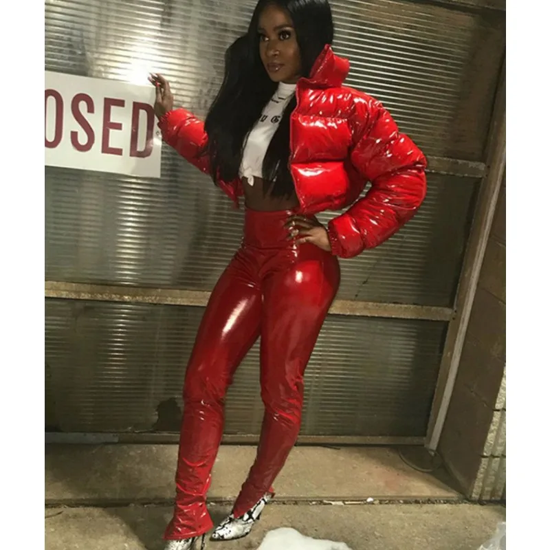 New solid-color mirror-finish PU leather stand-up collar cardigan tucked cotton-padded jacket women's clothing autumn and winter