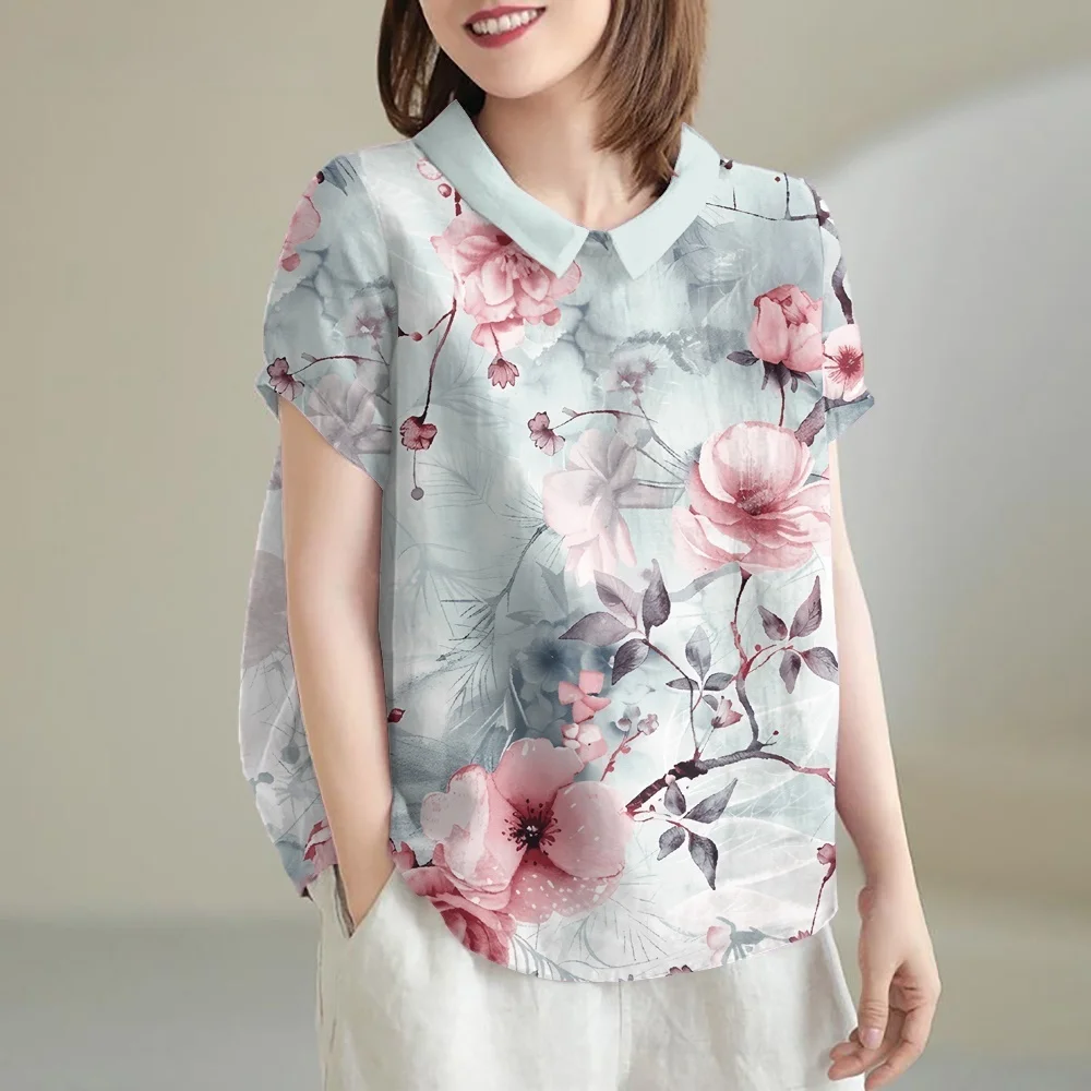 Женская летняя блузка, футболка с цветочным узором, новинка 2025 года, Гавайская блузка с коротким рукавом, модные повседневные пуловеры, женская одежда, топы