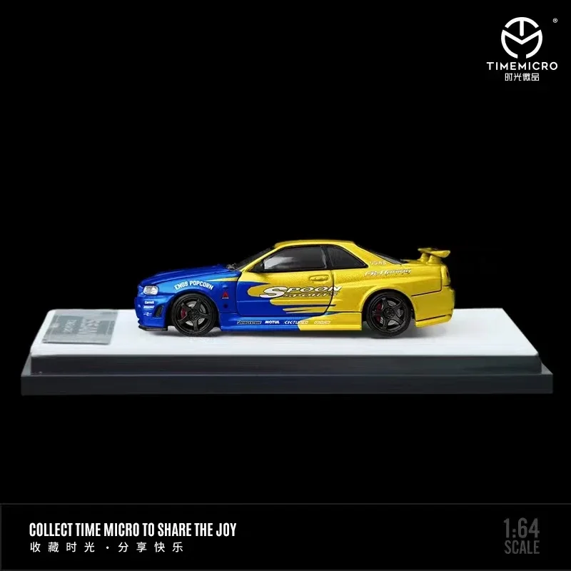 Tempo Micro GTR34 modelo de carro de liga, veículo com capô aberto, versão colher, coleção limitada 999, 1:64