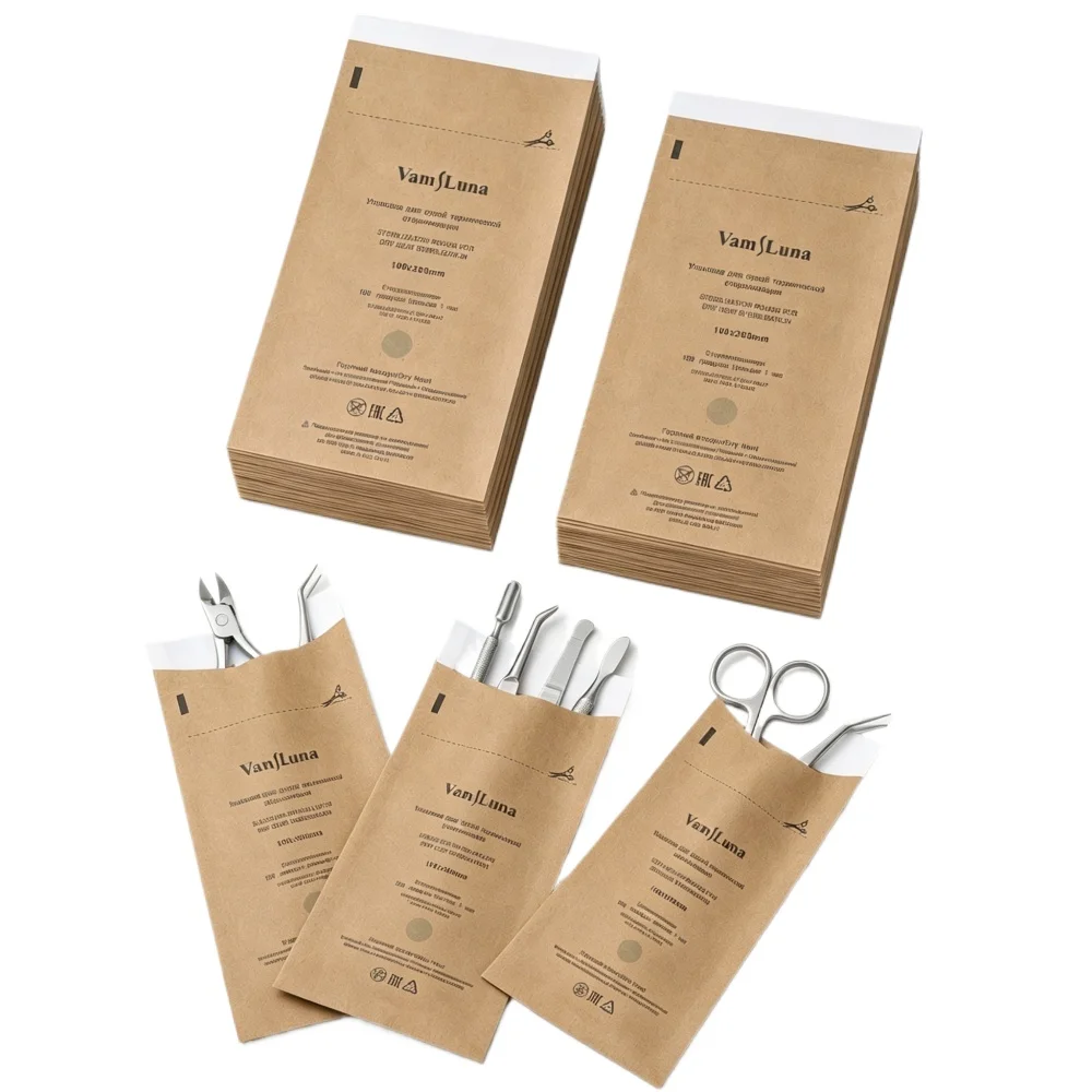 200pcs Disposable Self-Sealing Dry Heat Autoclave Pouches for Dentist Tools & Nail Art Supplies Kraft Paper Cleaning Bags
