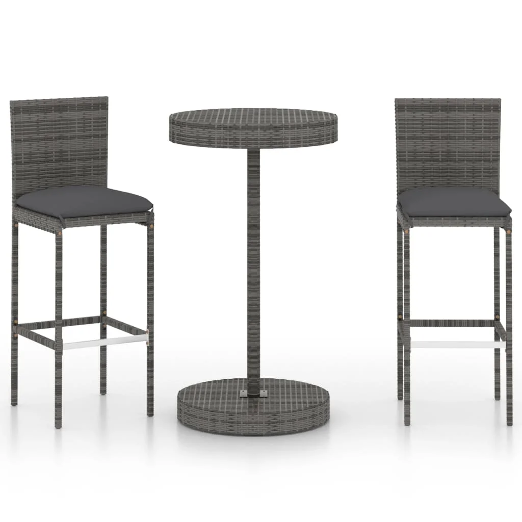 vidaXL 3 Piece Patio Bar Set with Cushions Poly Rattan Gray  /bar furniture/bar furniture set