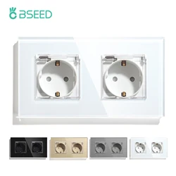BSEED Waterproof Double Socket EU Standard Wall Socket 16A White Black Gloden Crystal Glass Panel Wall Socket 110V-250V