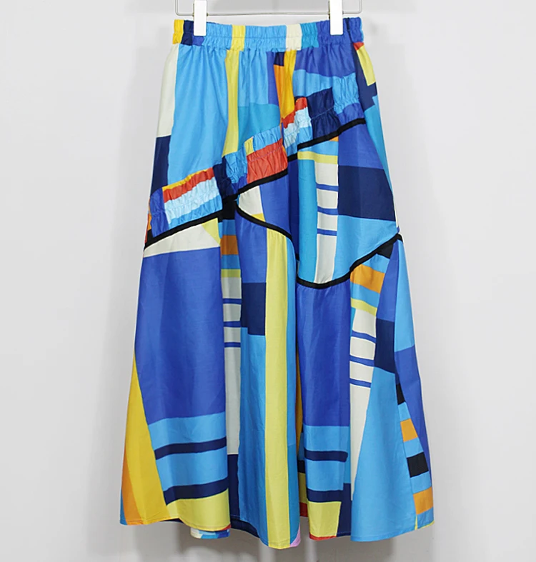 Elastic Waist A-Line New 2023 Summer Korean Style Woman Long Blue Printed Skirt Pockets Loose Fit Casual Holiday Skirt JJSK031