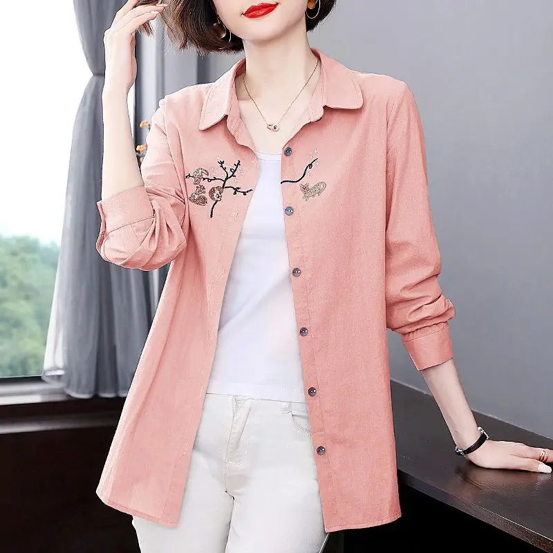 Spring Autumn New Elegant Fashion Long Sleeve Shirt Women High Street Loose Casual Cardigan Embroidered Pure Cotton Blouses Tops