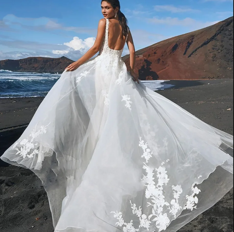 

Elegant Mermaid Wedding Dresses Square Collar Open Back Boho Bridal Gowns With Detachable Appliques Train Bride Dress Customized