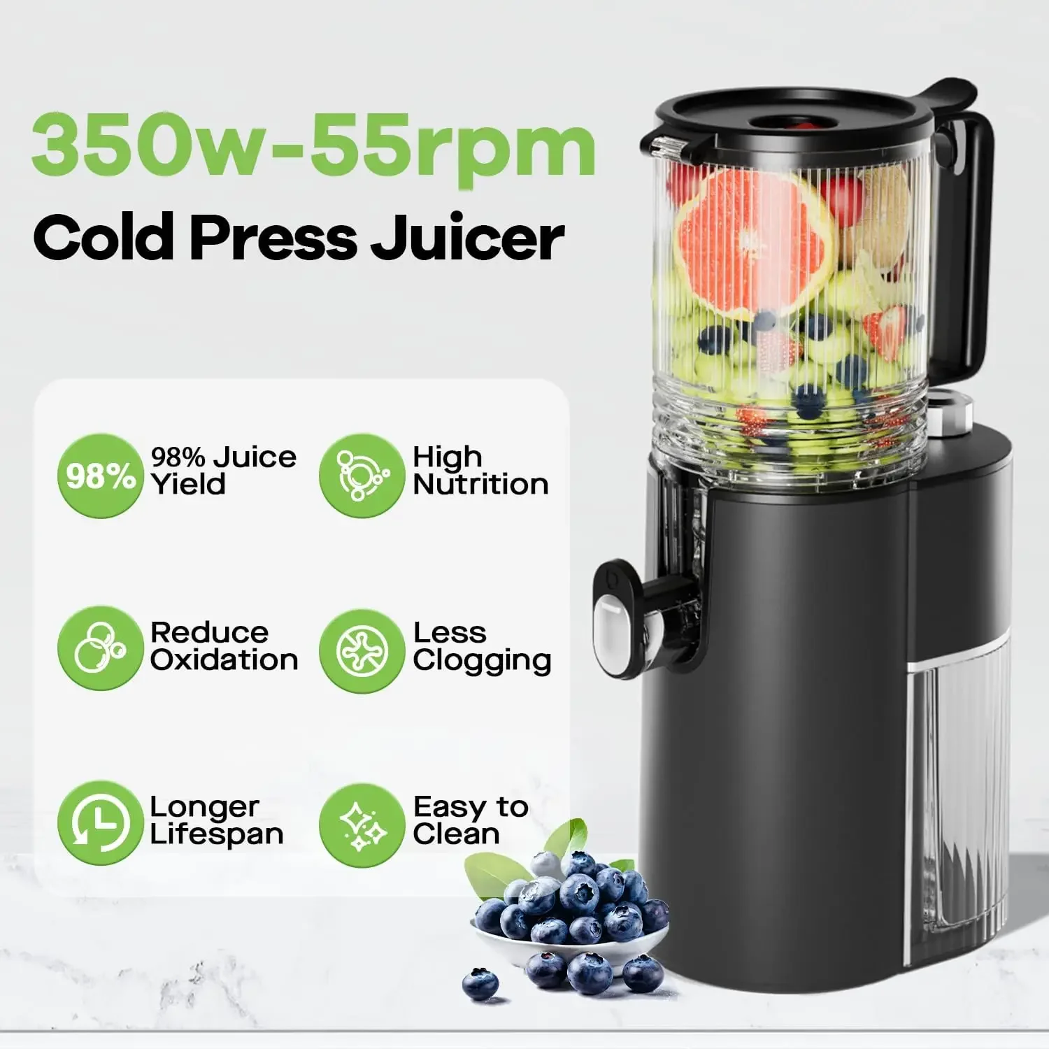 Juicer, 5.82" Wide Feed Chute Juicers with 350w Power Motor, Slow Masticating Juicer Machine with High Juice Yield for Whole Veg