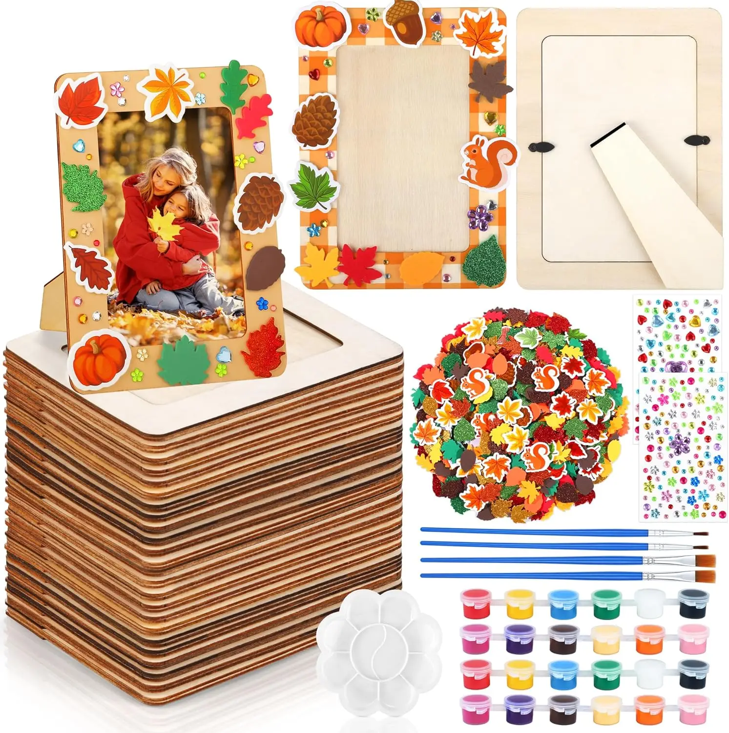 

24 Packs Fall Picture Frame Painting Craft Kit with Foam Stickers Rhinestone Stickers Painting Tools Set Brushes Unfinish