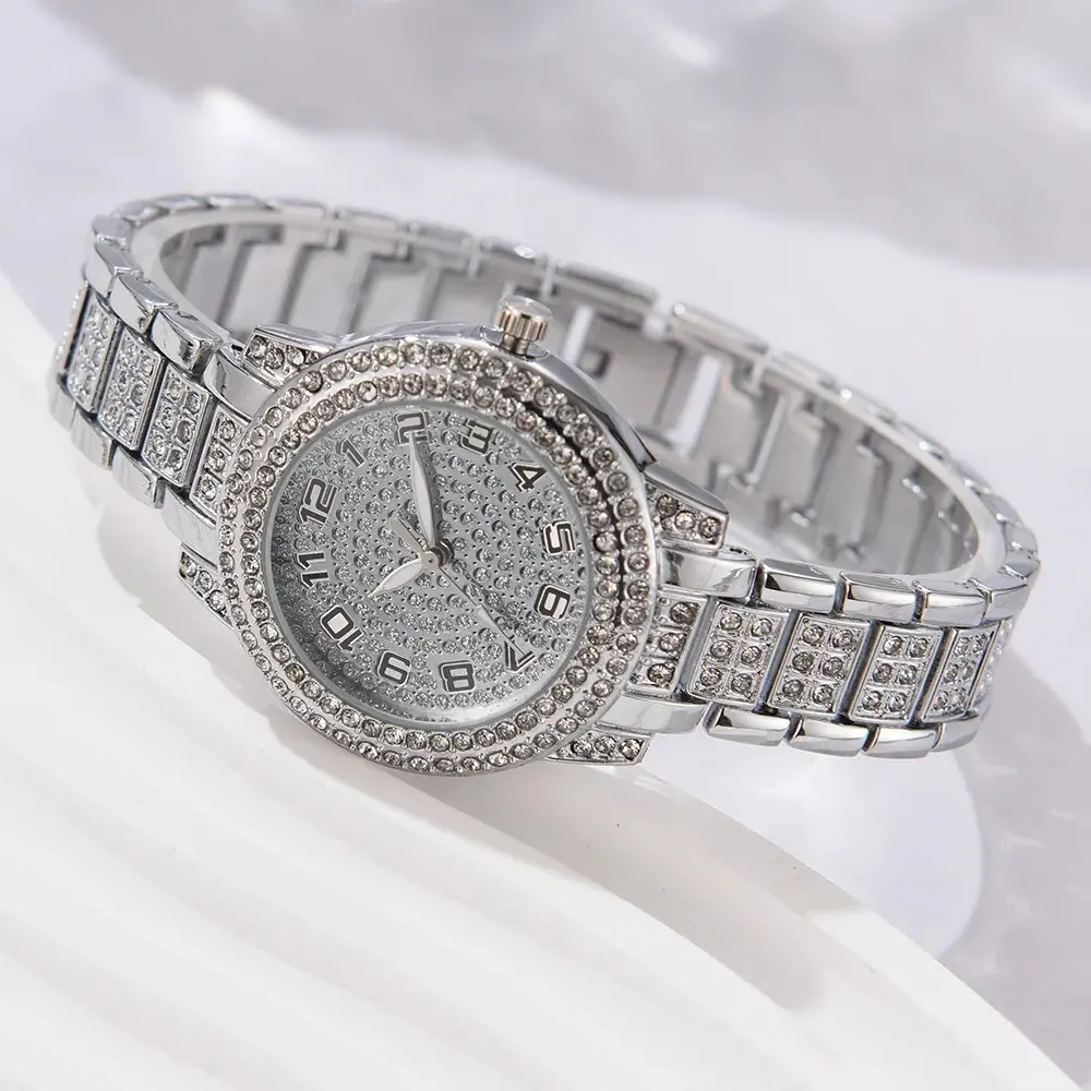 6 pçs relógio feminino de luxo elegante liga relógio de pulso de cristal para senhoras presente relógio de quartzo liga strass pulseira montre