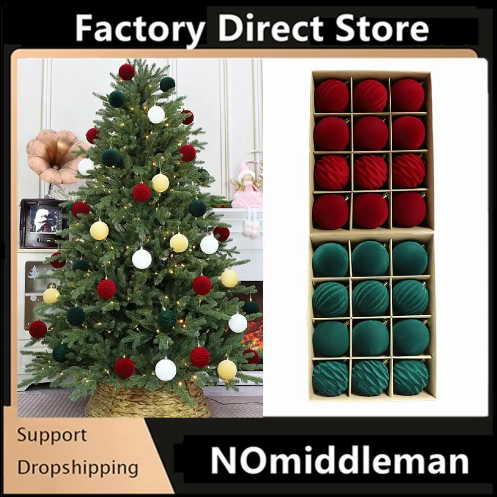 

24pcs Christmas Ball Ornaments Set 2.36inch Velvet Christmas Balls With Hanging Hoop Tree Decorations For Home Decor Xmas Party