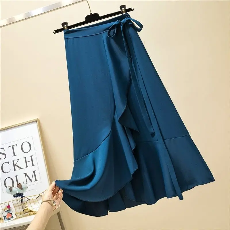 Elegant Fashion Ruffles Bandage Mermaid Skirt 2023 Summer New Office Lady Commute All-match High Waist Asymmetrical Midi Skirts