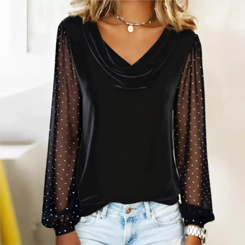 Women Blouses T-shirt Spring New Fashionable V-neck Comfortable Lace Long-sleeved Women's T-shirt Tops Casual Clothing 2026