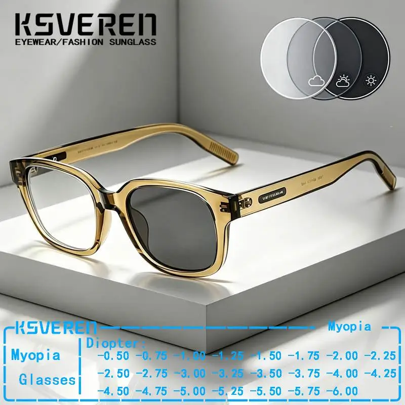 

New Round Square Frame Photochromic Prescription Glasses Men Women Fashionable Sun Color Changing Myopia Eyewear Custom Diopter