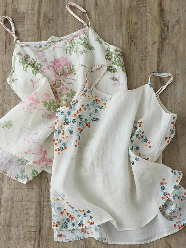 

Летний художественный льняной топ с легким принтом и небольшим ремешком большого размера, женский топ из хлопка и льна с цветочным принтом, свободный крой или...