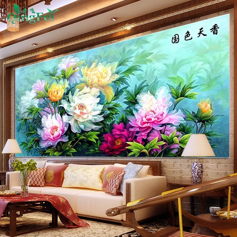 

150 см комплект для рукоделия, вышивка крестиком «сделай сам», красочная картина пион для семейного благословения, украшение для гостиной, подарок