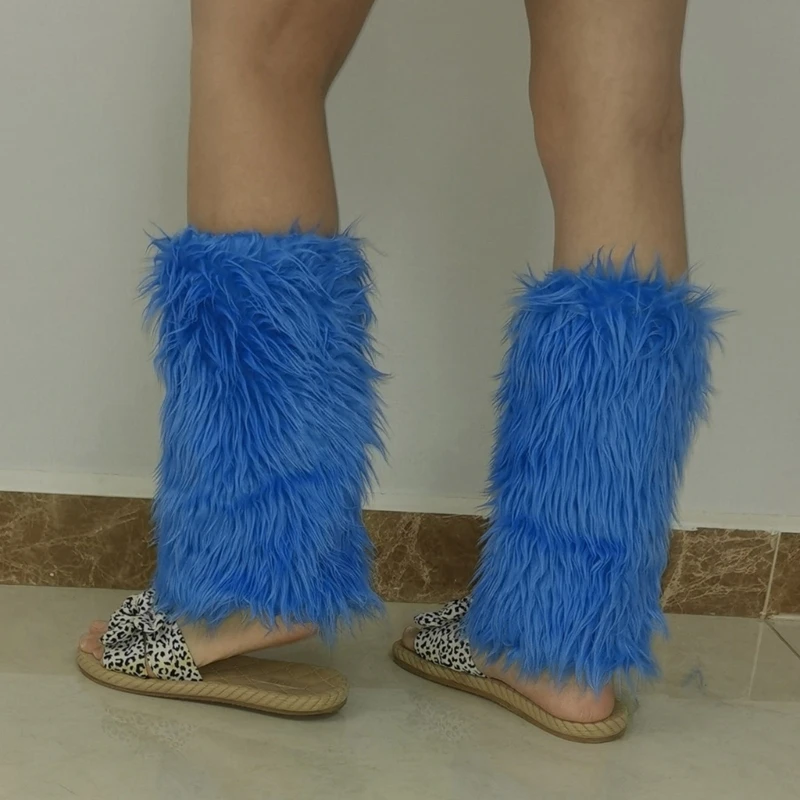 Модные плюшевые гетры синего цвета с меховыми манжетами для ботинок, чехол для ног для зимней моды