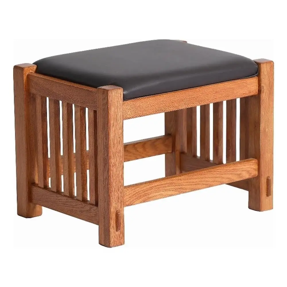 Mission Oak Foot Stool with Spindles in Cherry Brown Finish, Wooden Vintage Style Ottoman for Living Room & Bedroom, Customized