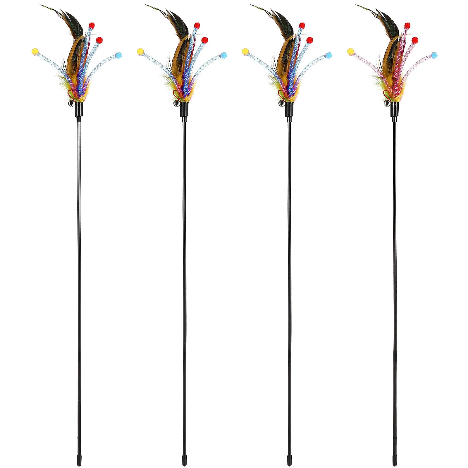 

4 pcs Cat Teaser Wand With Bell Anti-Skid Handle Colorful Stripe Interactive Play For Household Cats Cat Teaser