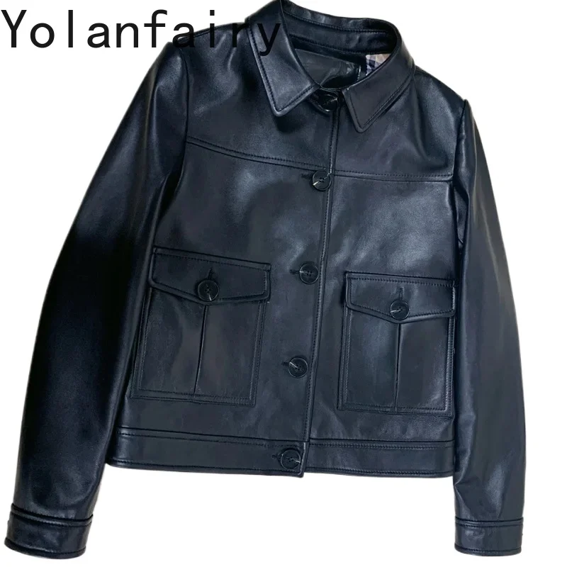 YOLANFAIRY Genuine Leather Jackets Women Real Sheepskin Motorcycle Jackets and Coats Spring Autumn Coat Short Korean Style Coats