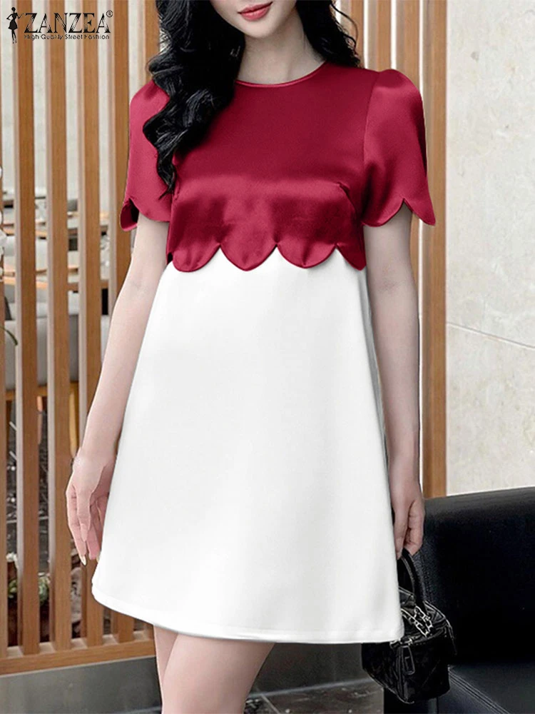 

ZANZEA Women Summer Sundress Short Sleeve Elegant Office Dress 2025 Casual Color Patchwork Vestidos Loose A-Line Mini Robe