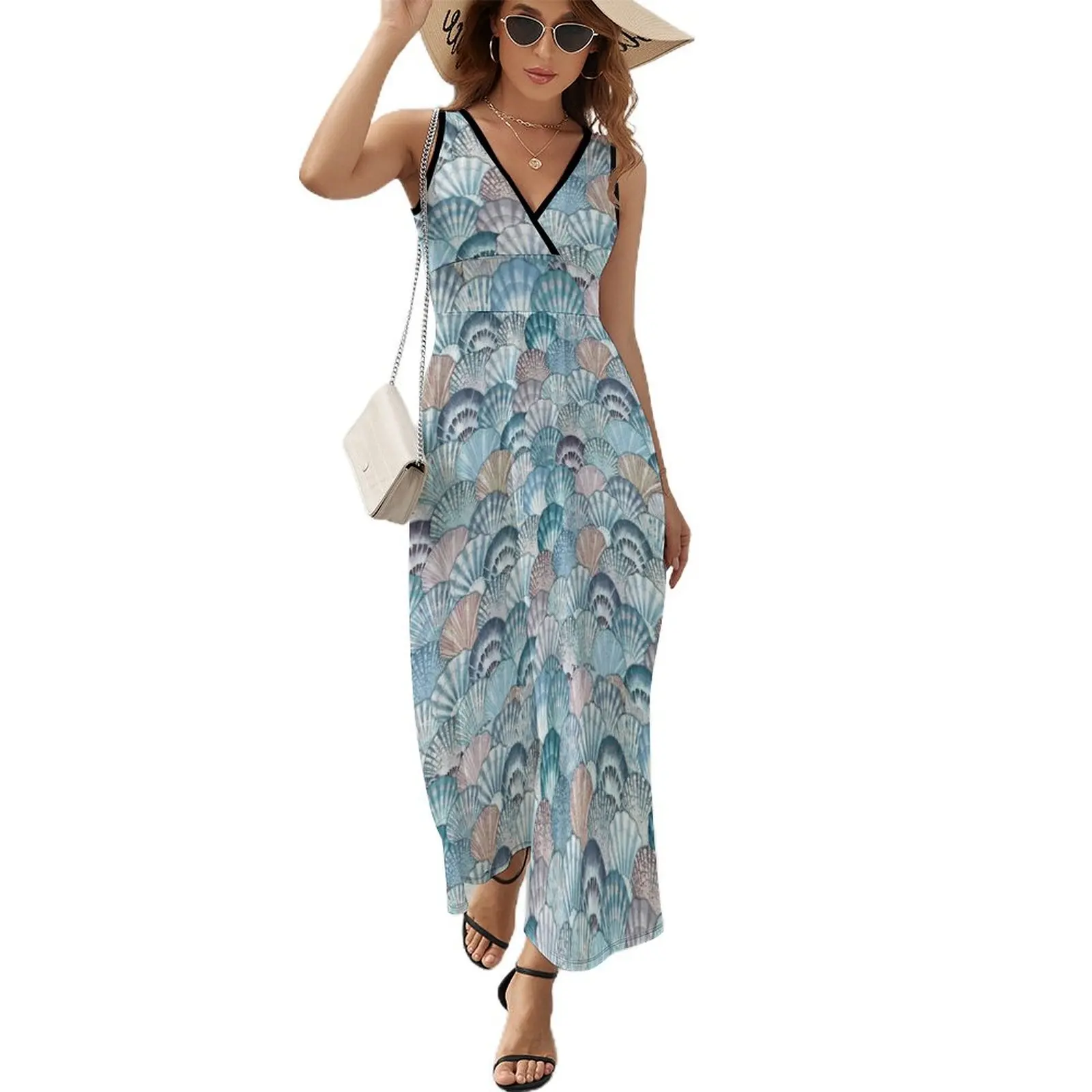 Nautical Sea Shells Dress ชุด Maxi วินเทจ Street Wear Boho Beach ชุดเดรสยาวเอวสูงกราฟิก Oversize เสื้อผ้า