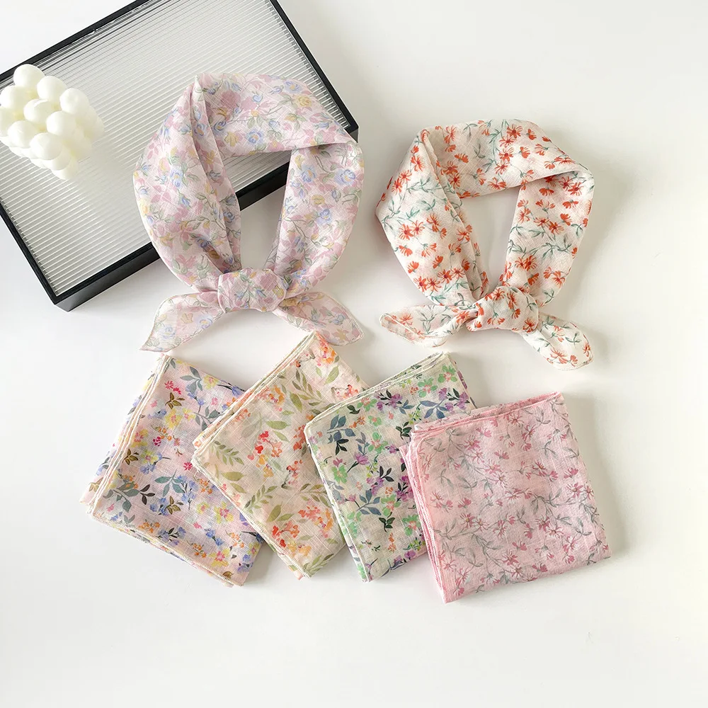 Fresh and Sweet Small Scarf: 58cm Cotton-Linen Square Scarf for Women—Versatile Spring/Fall Scarf for Neck and Head